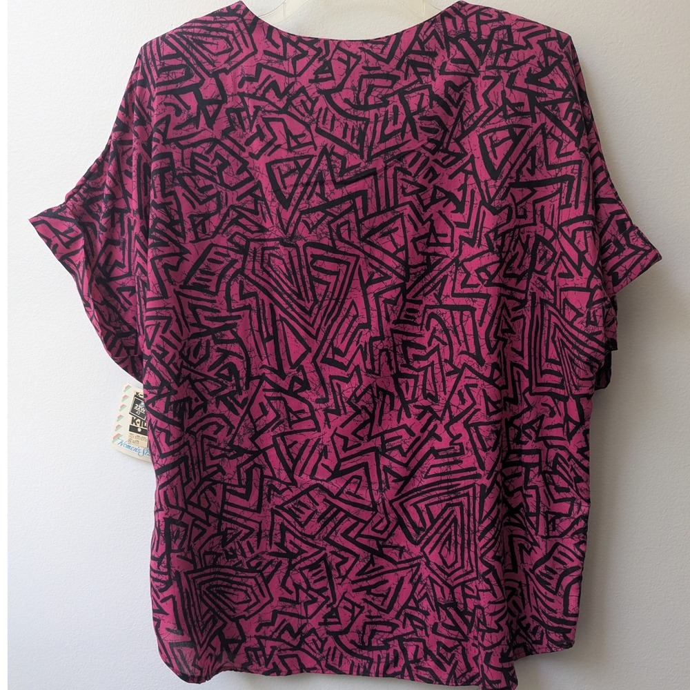 Vtg Button Front Top Pink Black Geometric Abstract 22W Bold Made in the USA 80s